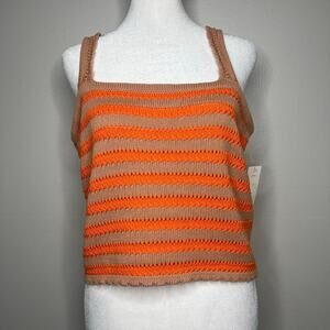 NWT Anthropologie Flat White Knit Cropped Tank Top Sz Large Orange Brown Striped